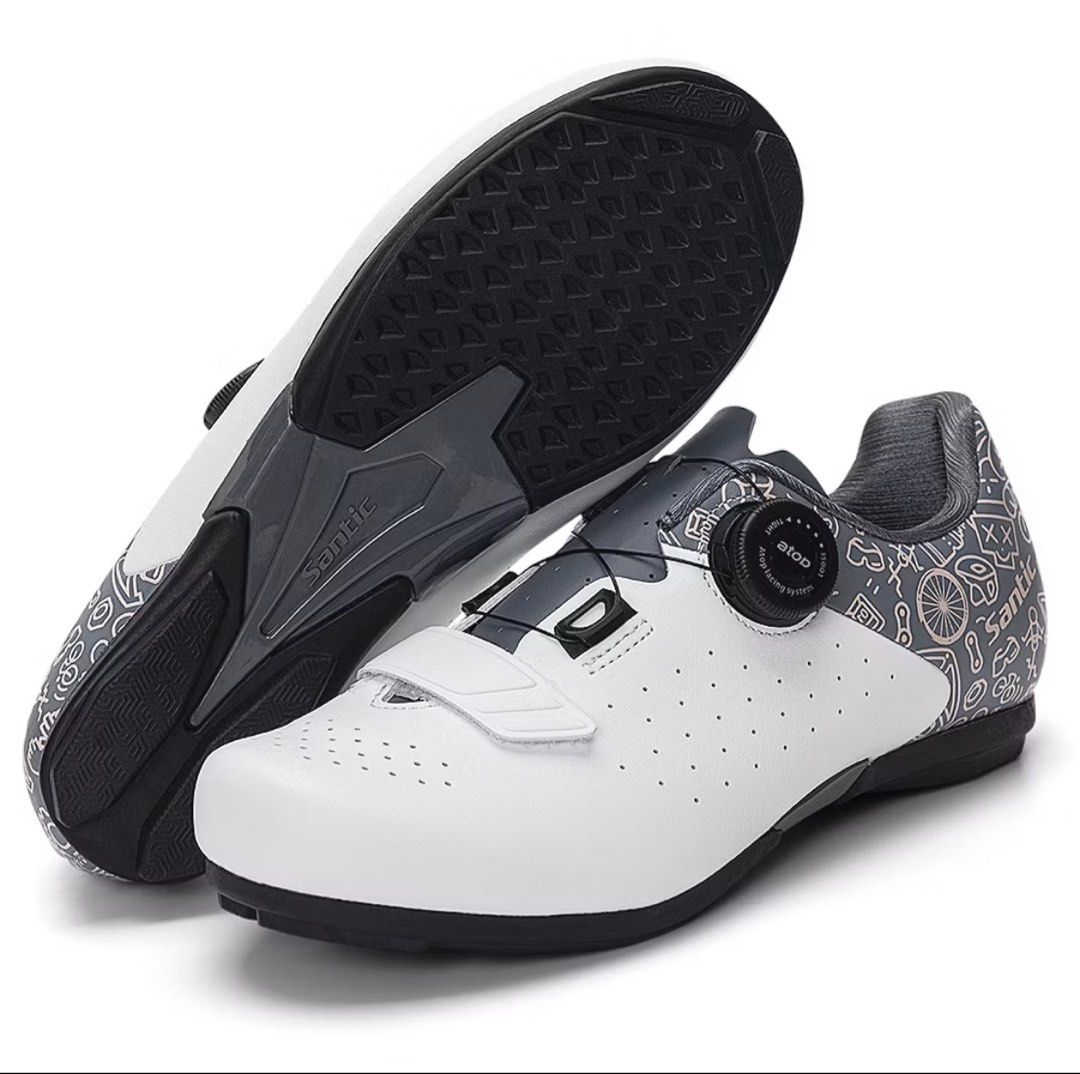 Santic Cycling Shoes White Boa Dial Closure (Category: Sneakers) located in Muntinlupa City. Submitted by prebyiz (Listing ID 1459765714, Image 1). Description: - White Santic cycling shoes - Secure fit with Boa dial closure system - Perforated for enhanced breathability - Stylish graphic pattern on heel and sides - Ideal for road cycling.