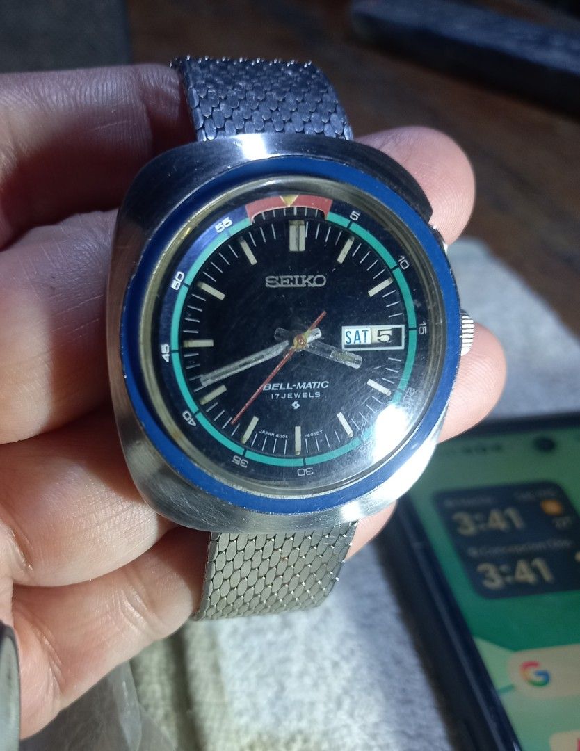 Seiko Bell-Matic 17 Jewels Auto (Category: Men's Watches) located in Marikina City. Submitted by bayongski (Listing ID 1459768039, Image 2). Description: - Vintage Seiko Bell-Matic watch - Suwa Seikosha Made in Japan - Automatic movement with 17 jewels - Day and date display - Stainless steel case and mesh bracelet - Alarm function is working - BMBY 1975 October.