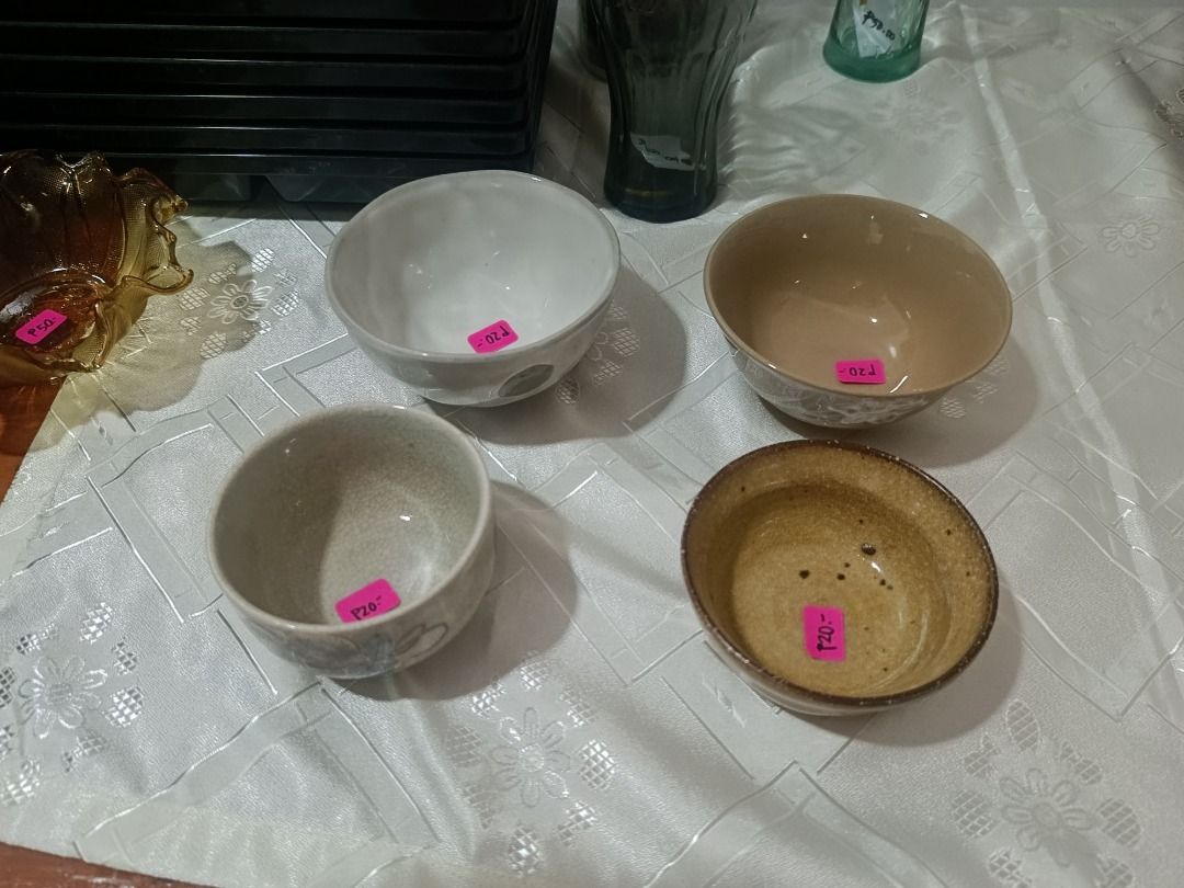 Set of 4 Handmade Ceramic Bowls (Category: Dinnerware & Cutlery) located in Quezon City. Submitted by gabade (Listing ID 1459807023, Image 2). Description: - Set of 4 unique ceramic bowls - Each bowl features a different design and color - Ideal for serving snacks, dips, matcha bowl or as decorative pieces - Offers a charming handmade feel - Adds a touch of rustic charm to your kitchen or dining table - Sold as set for ₱80.