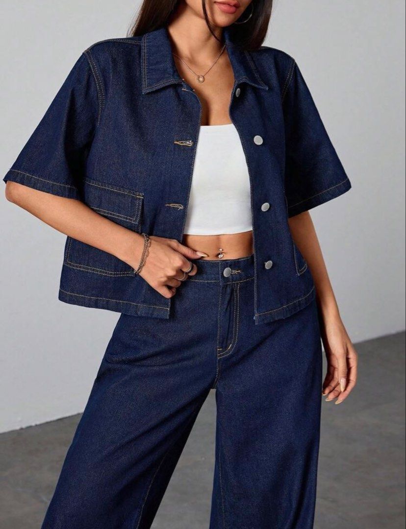 SHEIN Denim Shirt (Category: Blouses) located in San Mateo. Submitted by cdecluttering_ (Listing ID 1459731151, Image 2). Description: Color: Dark Wash Size: 14Y (158-162cm) .