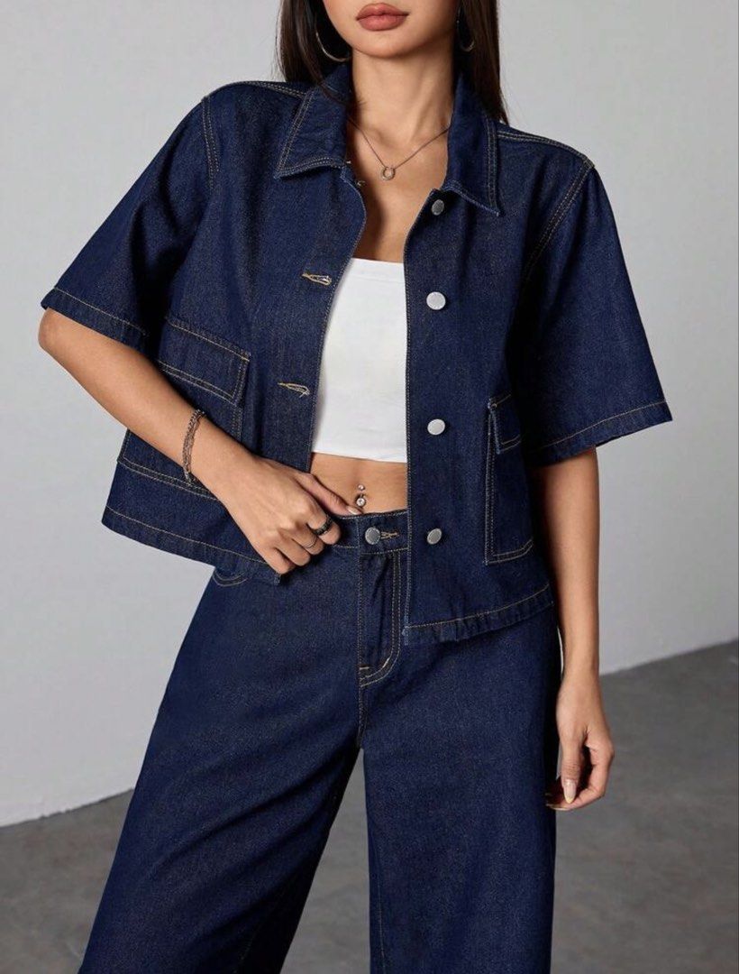 SHEIN Denim Shirt (Category: Blouses) located in San Mateo. Submitted by cdecluttering_ (Listing ID 1459731151, Image 1). Description: Color: Dark Wash Size: 14Y (158-162cm) .