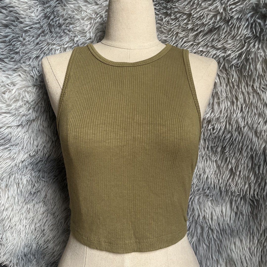SHEIN Ribbed Racerback Crop Tank Top (Category: Sleeveless) located in Manila. Submitted by trish.b (Listing ID 1459708437, Image 2). Description: SHEIN RACERBACK TANK TOP Size: Medium-Large Available in Olive Green & Gray.