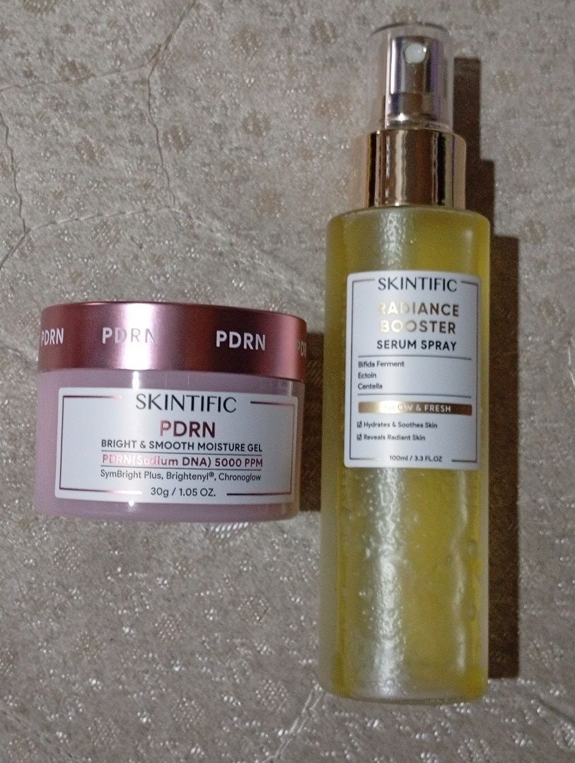 Skintific set (Category: Face Care) located in Quezon City. Submitted by purple_haven (Listing ID 1459783814, Image 2). Description: skintific PDRN bright and smooth moisture gel and skintific Radiance Booster serum spray both for 600 bnew po ung pdrn gel and ung spray is used a few times lang almost full pa.