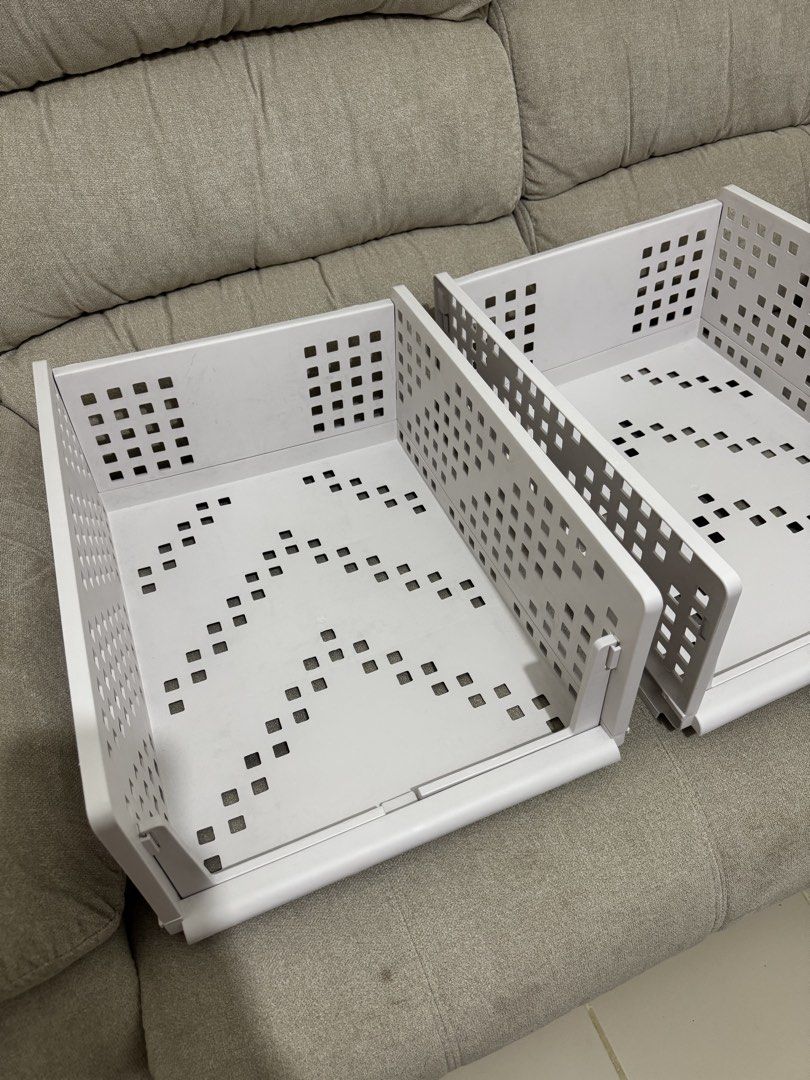 Stackable Storage Bins Drawer Organizer White (Category: Storage Boxes & Baskets) located in Mandaluyong City. Submitted by erca.stuff (Listing ID 1459849587, Image 1). Description: - Set of 4 stackable storage bins - Color: White - Ideal for organizing clothes, toys, and more - Stackable design for efficient storage - Dimensions: 43cm (L) x 33cm (W) x 18.5cm (H) - Great for maximizing space in closets and drawers 📦 4 pcs available — ₱150 each �