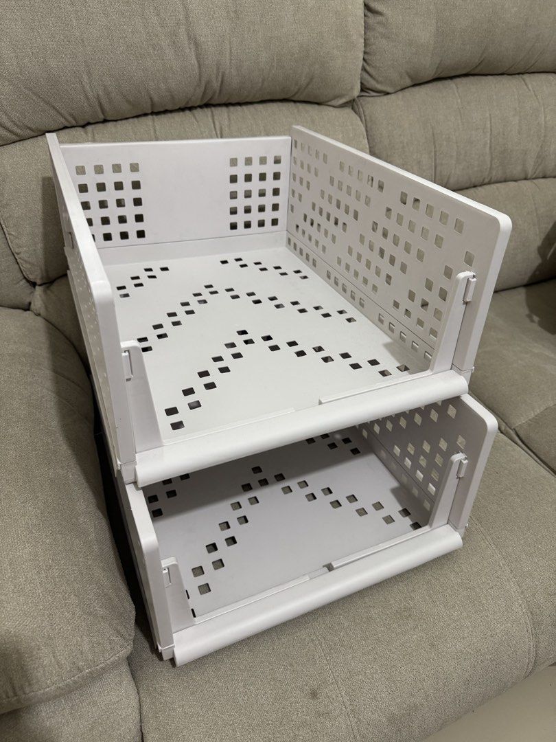 Stackable Storage Bins Drawer Organizer White (Category: Storage Boxes & Baskets) located in Mandaluyong City. Submitted by erca.stuff (Listing ID 1459849587, Image 2). Description: - Set of 4 stackable storage bins - Color: White - Ideal for organizing clothes, toys, and more - Stackable design for efficient storage - Dimensions: 43cm (L) x 33cm (W) x 18.5cm (H) - Great for maximizing space in closets and drawers 📦 4 pcs available — ₱150 each �