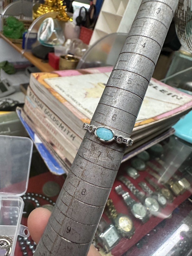 Sterling Silver Turquoise Marcasite Ring Size 6 (Category: Rings) located in Daet. Submitted by thrifthings2018 (Listing ID 1459738171, Image 3). Description: - Sterling silver ring - Features a light blue stone - Delicate floral band with marcasite accents - Size 6 - Weighs 2.31 grams - Ideal for stacking or as a standalone piece.
