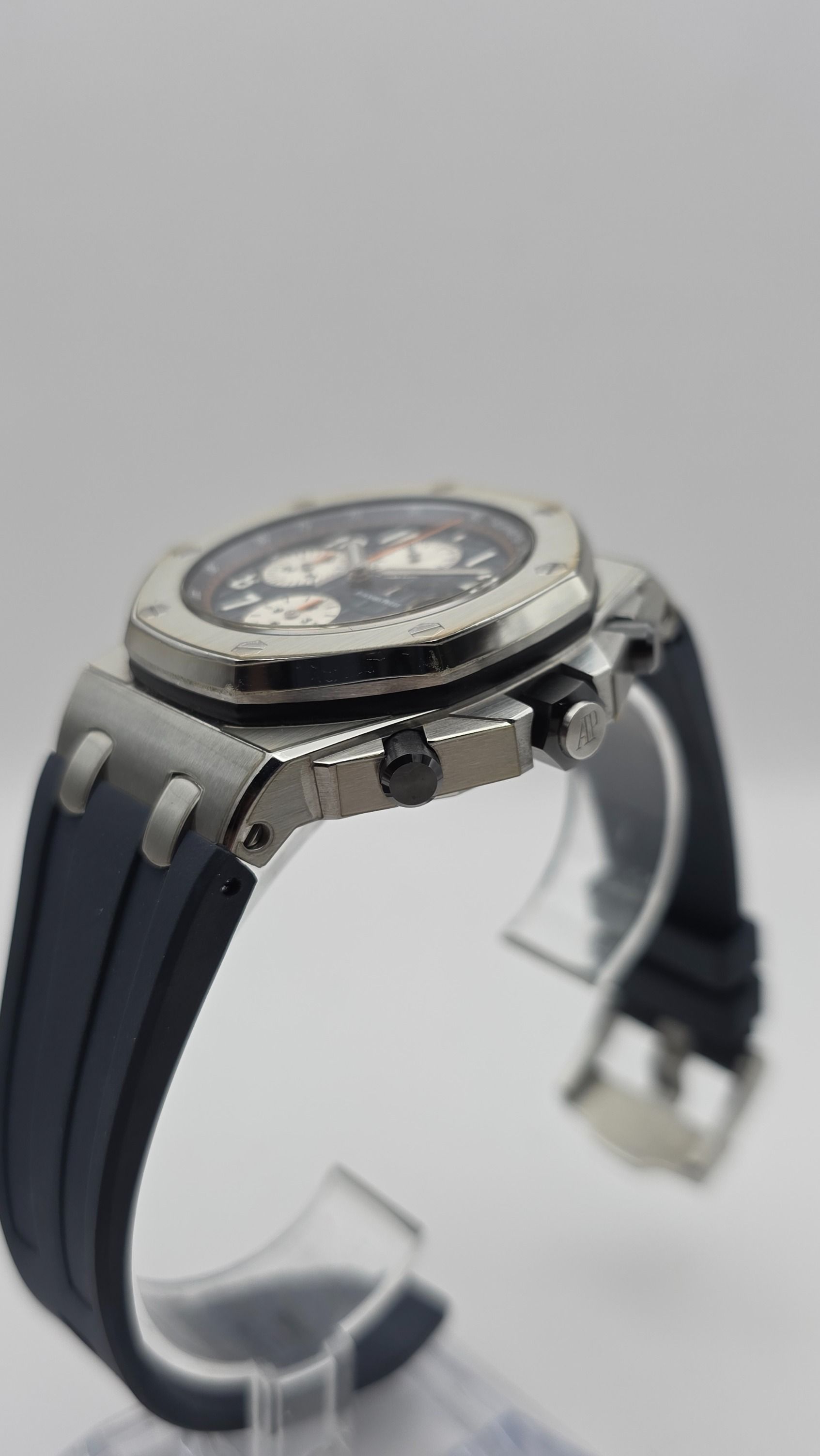 STICKERED Audemars Piguet AP Royal Oak Offshore Navy Chronograph 26470ST.OO.A027CA.01 26470ST 42mm Steel Blue Full Set (Category: Watches) located in Singapore. Submitted by jingleman (Listing ID 1459738720, Image 3). Description: Big, bold and built to impress, this AP brings your wrist game to its best. Fully stickered with RX8 stickers. This Royal Oak Offshore is all about that sporty luxury vibe, adding a playful dash of orange to the blue ta