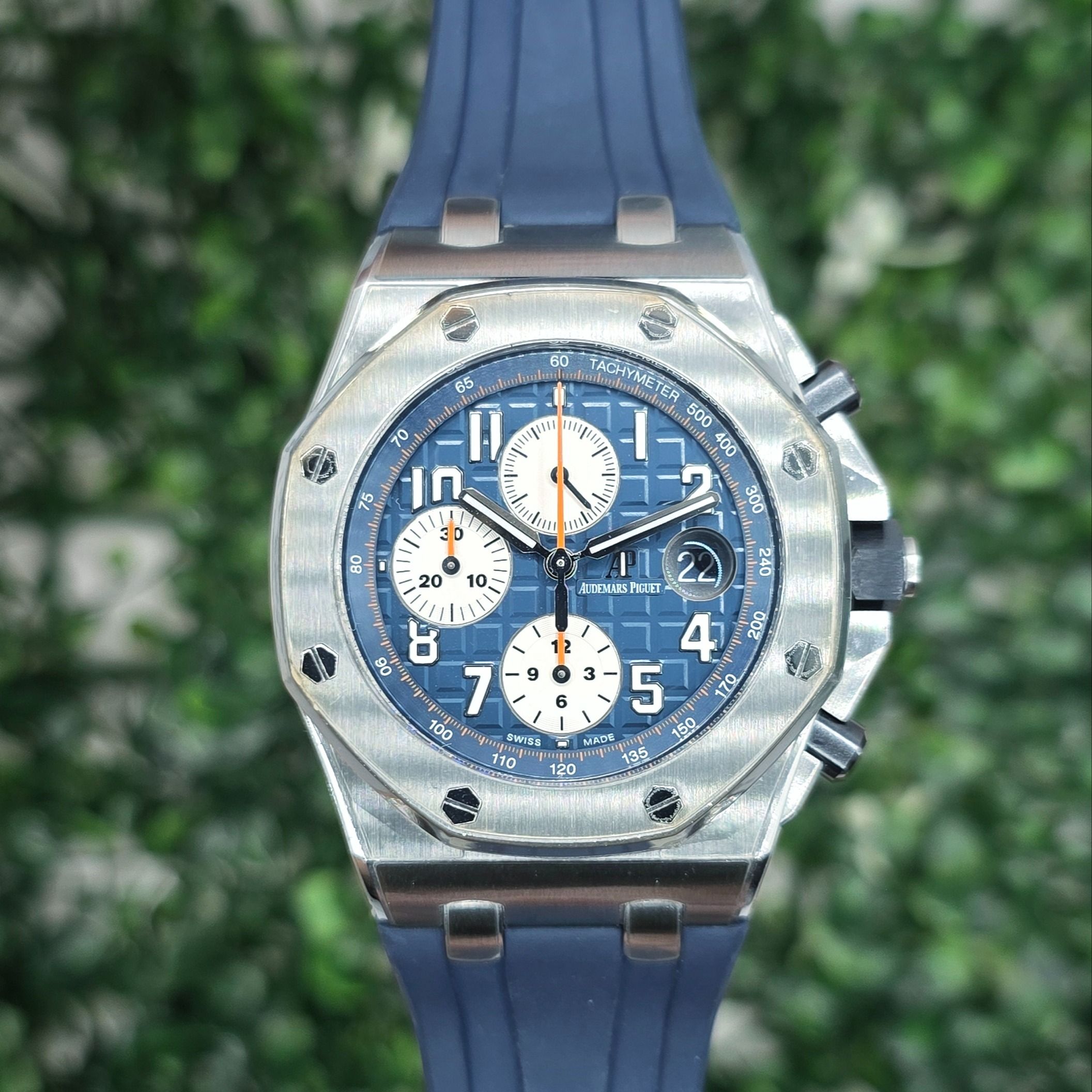 STICKERED Audemars Piguet AP Royal Oak Offshore Navy Chronograph 26470ST.OO.A027CA.01 26470ST 42mm Steel Blue Full Set (Category: Watches) located in Singapore. Submitted by jingleman (Listing ID 1459738720, Image 1). Description: Big, bold and built to impress, this AP brings your wrist game to its best. Fully stickered with RX8 stickers. This Royal Oak Offshore is all about that sporty luxury vibe, adding a playful dash of orange to the blue ta