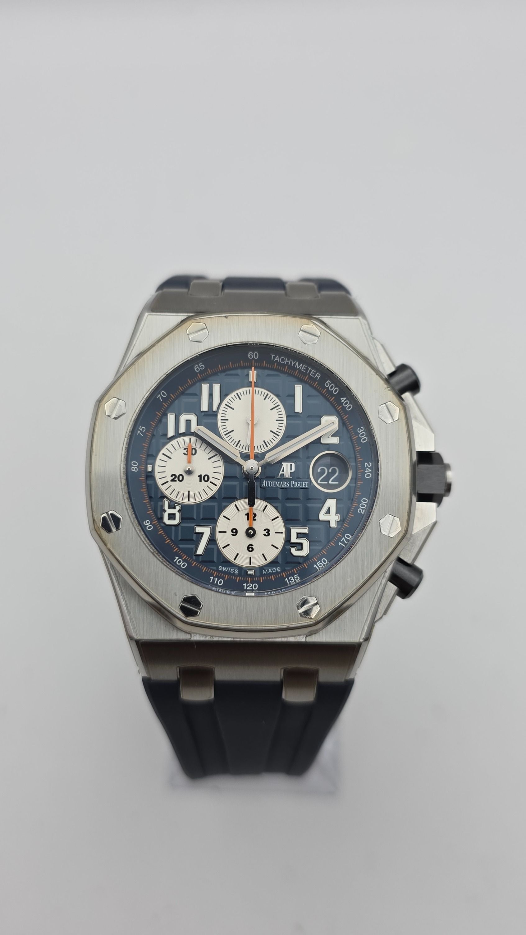 STICKERED Audemars Piguet AP Royal Oak Offshore Navy Chronograph 26470ST.OO.A027CA.01 26470ST 42mm Steel Blue Full Set (Category: Watches) located in Singapore. Submitted by jingleman (Listing ID 1459738720, Image 2). Description: Big, bold and built to impress, this AP brings your wrist game to its best. Fully stickered with RX8 stickers. This Royal Oak Offshore is all about that sporty luxury vibe, adding a playful dash of orange to the blue ta