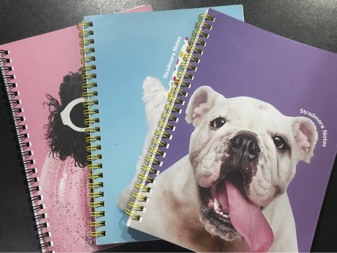 Stradmore Notes Spiral Notebooks - Bulldog & Sparkle Designs (Category: Stationery & School Supplies) located in Manila. Submitted by sharksfin06 (Listing ID 1459763990, Image 1). Description: - Cute spiral notebooks from Stradmore Notes. - Available designs: Bulldog, Sparkly Pink with Furry Character, Light Blue. - Features lined pages with a 'no.' section at the top. - Ideal for school use or personal journaling..