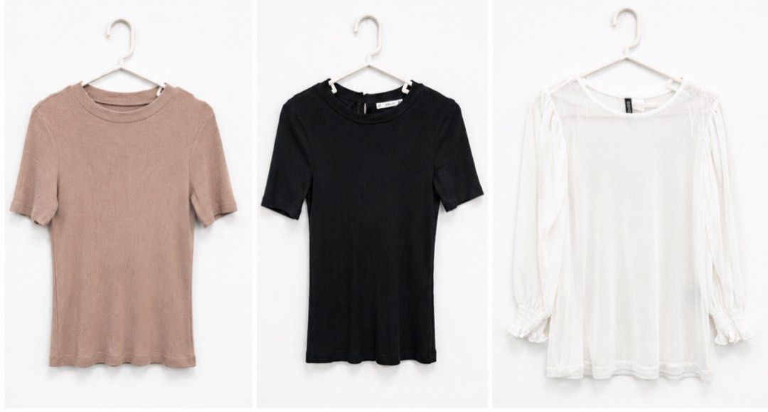 TAKE ALL Ribbed Tops - Black, Brown, White Sheer (Category: Blouses) located in Antipolo. Submitted by prelovedbyklzur (Listing ID 1459806867, Image 1). Description: - Bundle of three tops - Black ribbed short-sleeve top - Brown ribbed short-sleeve top - White sheer long-sleeve top with gathered cuffs - Ideal for building your wardrobe basics.