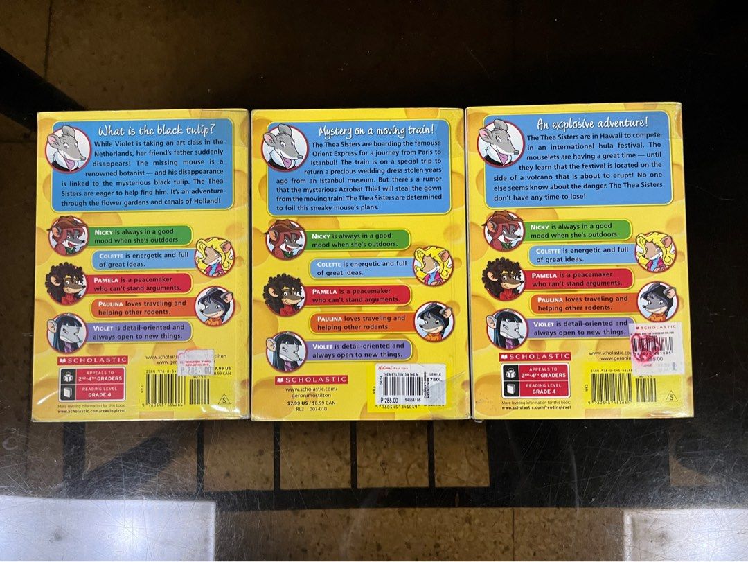 Thea Stilton Books - Geronimo Stilton Series (Category: Children's Books) located in Manila. Submitted by kim.declutterss (Listing ID 1459766478, Image 2). Description: - Set of 3 Thea Stilton books - Originally bought for ₱285 each - Titles: Legend of the Fire Flowers, Mystery on the Orient Express, The Great Tulip Heist - Part of the popular Geronimo Stilton universe - With plastic cover - Perfect for young readers who love mystery and adventur