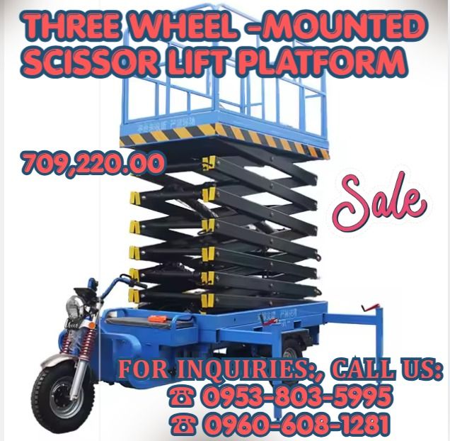 three wheel -mounted Scissor Lift platform (Category: Construction Tools & Equipment) located in Caloocan City. Submitted by cosmicstar_f9d177 (Listing ID 1459710578, Image 1). Description: ●Model: SJY0.5-6 ●Maximum working height: 8 m ●Maximum platform height: 6 m ●Safe working load: 500 KG ●Platform dimensions: 1800*820MM ●Overall dimensions: 3400*1200*1350MM ●Weight (kg): 1100 kg ●Power Source: DC (charger + lead-acid battery, battery MSD and 