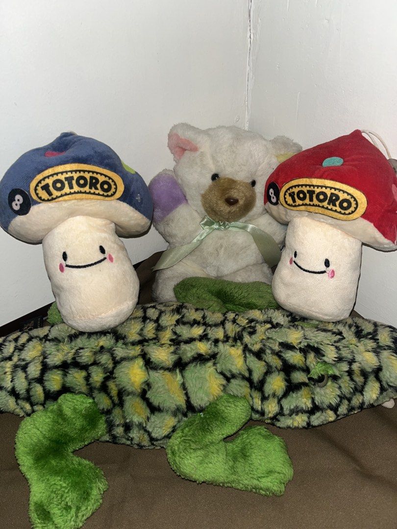 Totoro Mushroom Plushies, Bear, Crocodile (Category: Plushies & Soft Toys) located in Manila. Submitted by chionurway (Listing ID 1459743086, Image 1). Description: -Take all for 120 (Last price) -Condition 7-8/10 (Need Wash) -RFS: Declutter .