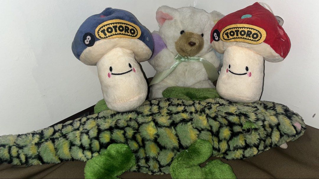 Totoro Mushroom Plushies, Bear, Crocodile (Category: Plushies & Soft Toys) located in Manila. Submitted by chionurway (Listing ID 1459743086, Image 2). Description: -Take all for 120 (Last price) -Condition 7-8/10 (Need Wash) -RFS: Declutter .