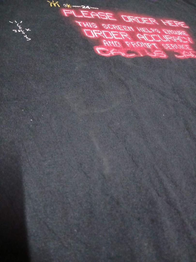 Travis Scott McDonald's Cactus Jack Rap Tee Shirt (Category: Tshirts & Polo Shirts ) located in Manila. Submitted by sendecluttersandsells (Listing ID 1459802200, Image 3). Description: Travis Scott Cactus Jack Mcdonald's Rap Tee Shirt Size: L Dimes: 23x29 Issue: Needs washing, crack prints and vintage vibes fade Loc: Caloocan Ship: J&T Meetup: Monumento, SM Grand, Cloverleaf Mall (SM North, Trinoma Friday or Sunday) .