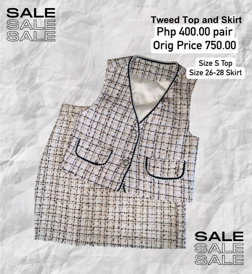 Tweed Top and Skirt Set - Size S (Category: Sets or Coordinates) located in Manila. Submitted by freemoon.1221 (Listing ID 1459889683, Image 1). Description: - Chic tweed top and skirt set - Top size: S - Skirt waist fit: 26-28 inches - Original price: 750.00 - Selling price: 400.00 - Perfect for a stylish, put-together look!.
