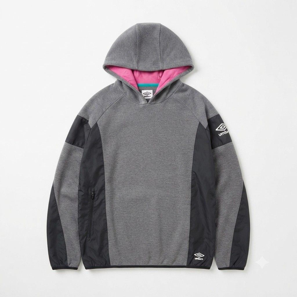Umbro Grey Hoodie with Black Panels (Category: Hoodies) located in Manila. Submitted by chieezz (Listing ID 1459701077, Image 1). Description: - Grey Umbro hoodie - Black paneling on sides and sleeves - Bright pink and teal hood lining - Zippered pocket on the left side - Umbro logos on sleeve and near hem - Ideal for casual wear.