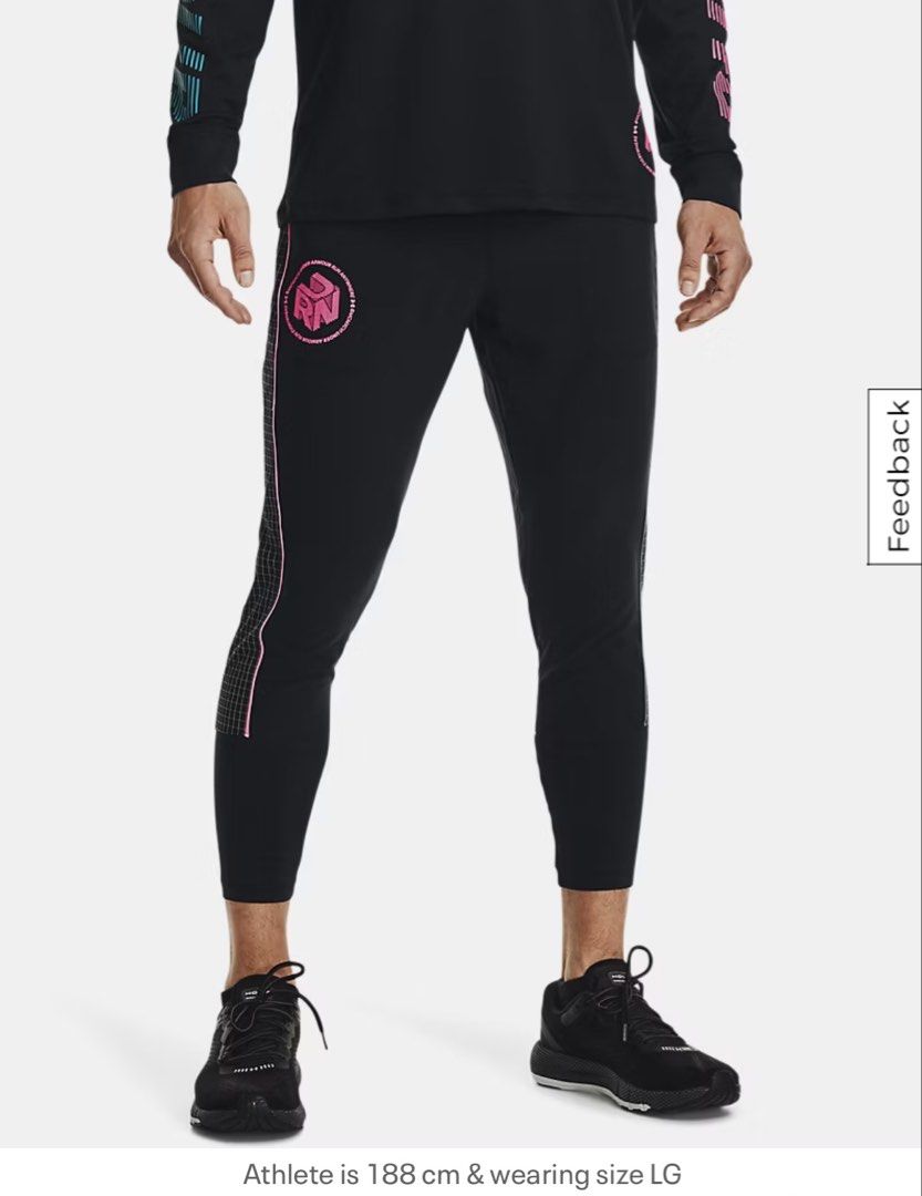Under Armour Black Run Pants Size Small (Category: Activewear) located in San Pablo. Submitted by restoredchic (Listing ID 1459836096, Image 1). Description: Under Armour Black Run Pants Size Small Under Armour Men’s Run Anywhere Ankle Pants It features a distinctive black body accented by neon pink drawstrings and piping running along a grid-patterned side panel. Displays a circular pink “RUN” emblem on the right thigh reading “UA RUN ANYWHERE”.