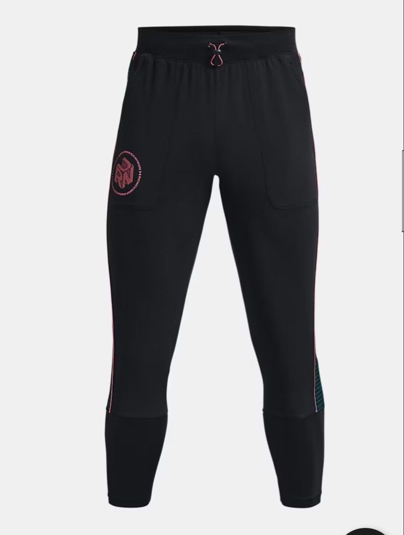 Under Armour Black Run Pants Size Small (Category: Activewear) located in San Pablo. Submitted by restoredchic (Listing ID 1459836096, Image 2). Description: Under Armour Black Run Pants Size Small Under Armour Men’s Run Anywhere Ankle Pants It features a distinctive black body accented by neon pink drawstrings and piping running along a grid-patterned side panel. Displays a circular pink “RUN” emblem on the right thigh reading “UA RUN ANYWHERE”.