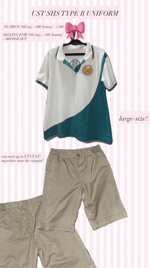 UST SHS Type B Uniform - Large Size (Category: Shirts) located in Manila. Submitted by californiamakizenin (Listing ID 1459754044, Image 1). Description: - UST SHS Type B Uniform Set - Size: Large - Original Price: 1,100 - Selling Price: 800 - Top Price: 350 - Bottom Price: 450 - Meetup locations: UT5/UST or nearby areas.
