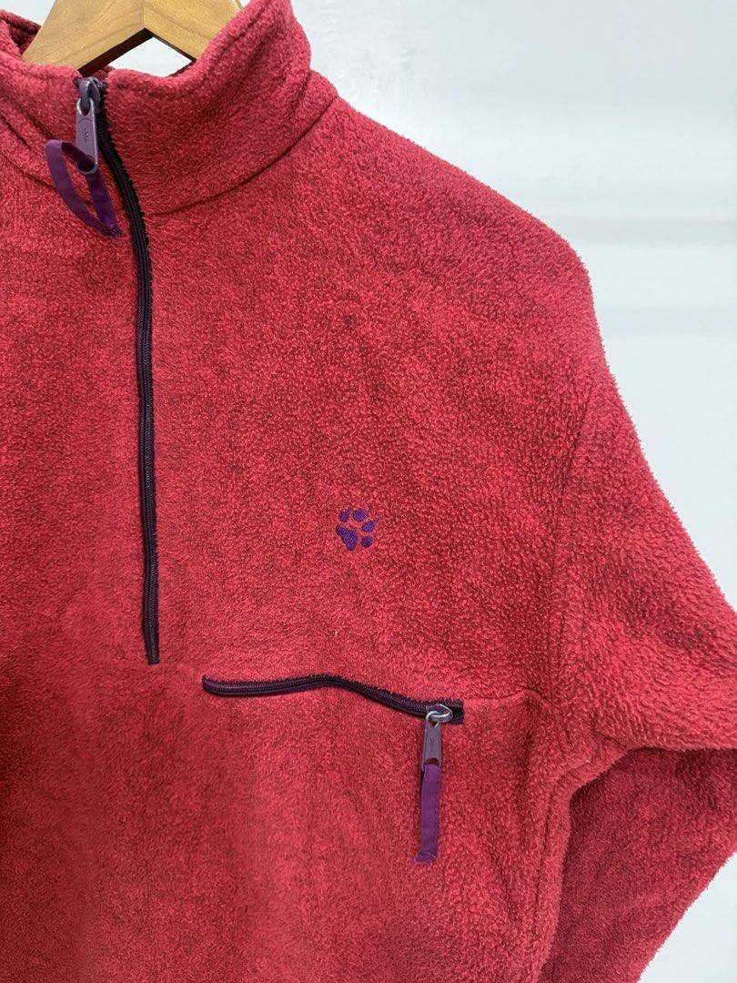 Vintage Jack Wolfskin Polar System Fleece Pullover Red Size M (Category: Coats, Jackets and Outerwear) located in Baguio. Submitted by printings_ (Listing ID 1459812971, Image 2). Description: - Red Jack Wolfskin fleece pullover - Features a quarter zip design - Chest pocket was removed - Made from soft and warm material - Ideal for outdoor adventures or everyday casual wear - Jack Wolfskin logo prominently displayed on the chest - Tag size: Asia