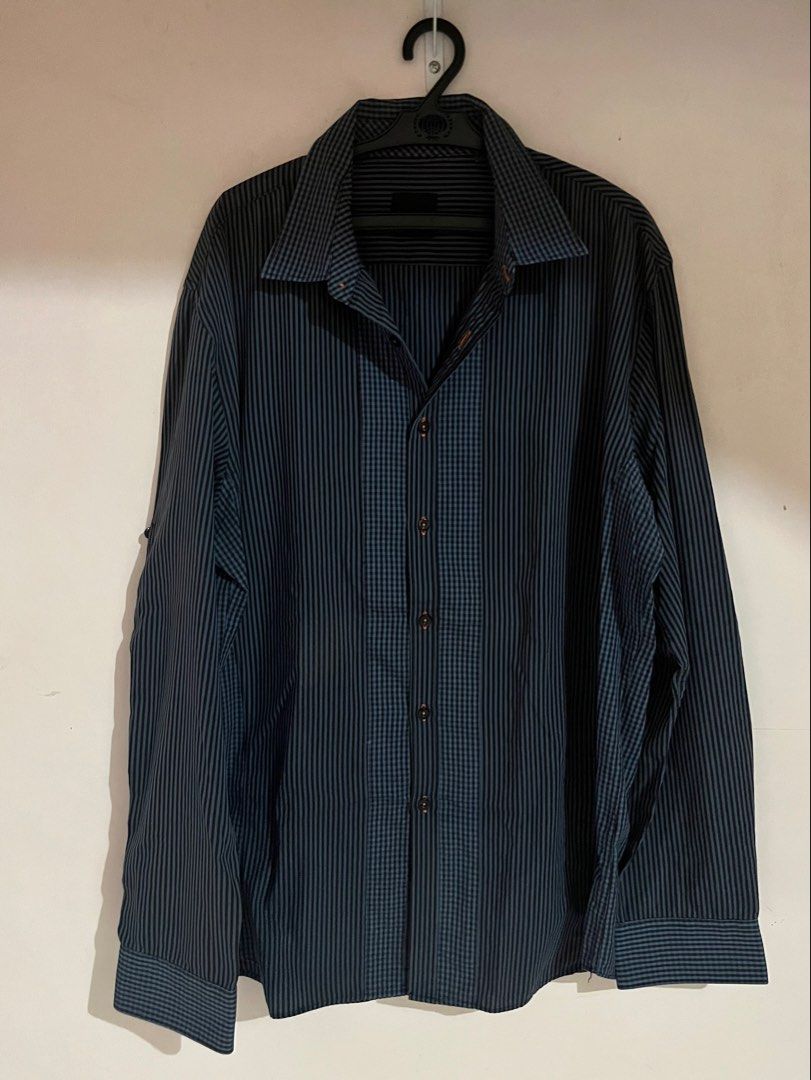 Wharton Long Sleeve Button-Down Shirt (Black/Grey Stripe & Check) (Category: Formal Shirts) located in Gapan. Submitted by ar_armey (Listing ID 1459823974, Image 1). Description: Brand: Wharton Color: Black and Grey Striped with Contrast Check Panel, Orange Stitch Accents Size: Tagged XL Condition: Good quality, no flaws Details: Long sleeves with roll-up tab straps, mixed stripe and gingham check panel design, front button closure with orange co
