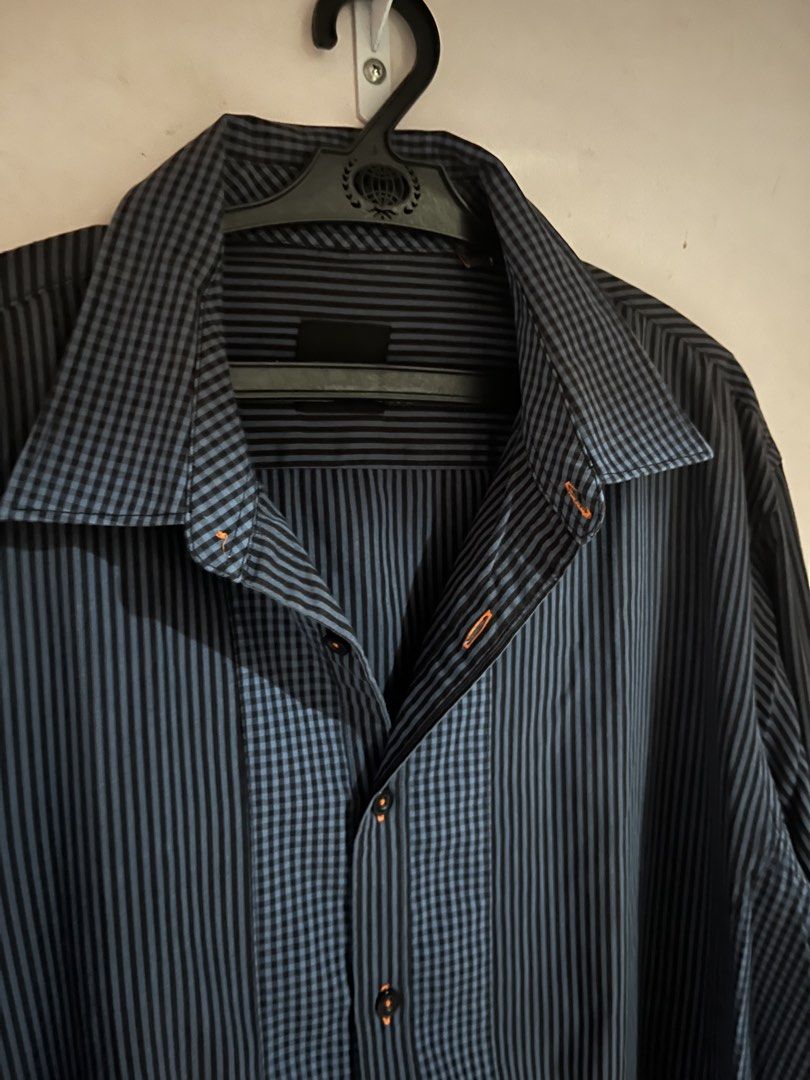Wharton Long Sleeve Button-Down Shirt (Black/Grey Stripe & Check) (Category: Formal Shirts) located in Gapan. Submitted by ar_armey (Listing ID 1459823974, Image 2). Description: Brand: Wharton Color: Black and Grey Striped with Contrast Check Panel, Orange Stitch Accents Size: Tagged XL Condition: Good quality, no flaws Details: Long sleeves with roll-up tab straps, mixed stripe and gingham check panel design, front button closure with orange co