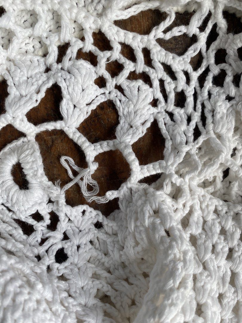 White Crochet Knit Top Short Sleeve boho (Category: Blouses) located in Pulupandan. Submitted by pointyspoon (Listing ID 1459760739, Image 2). Description: - 100% cotton - White crochet knit top - Short sleeves with a relaxed fit - Intricate open knit pattern - Versatile: great for layering, beach cover-up, or casual wear - Unique handmade feel - flaw on 2nd pic.