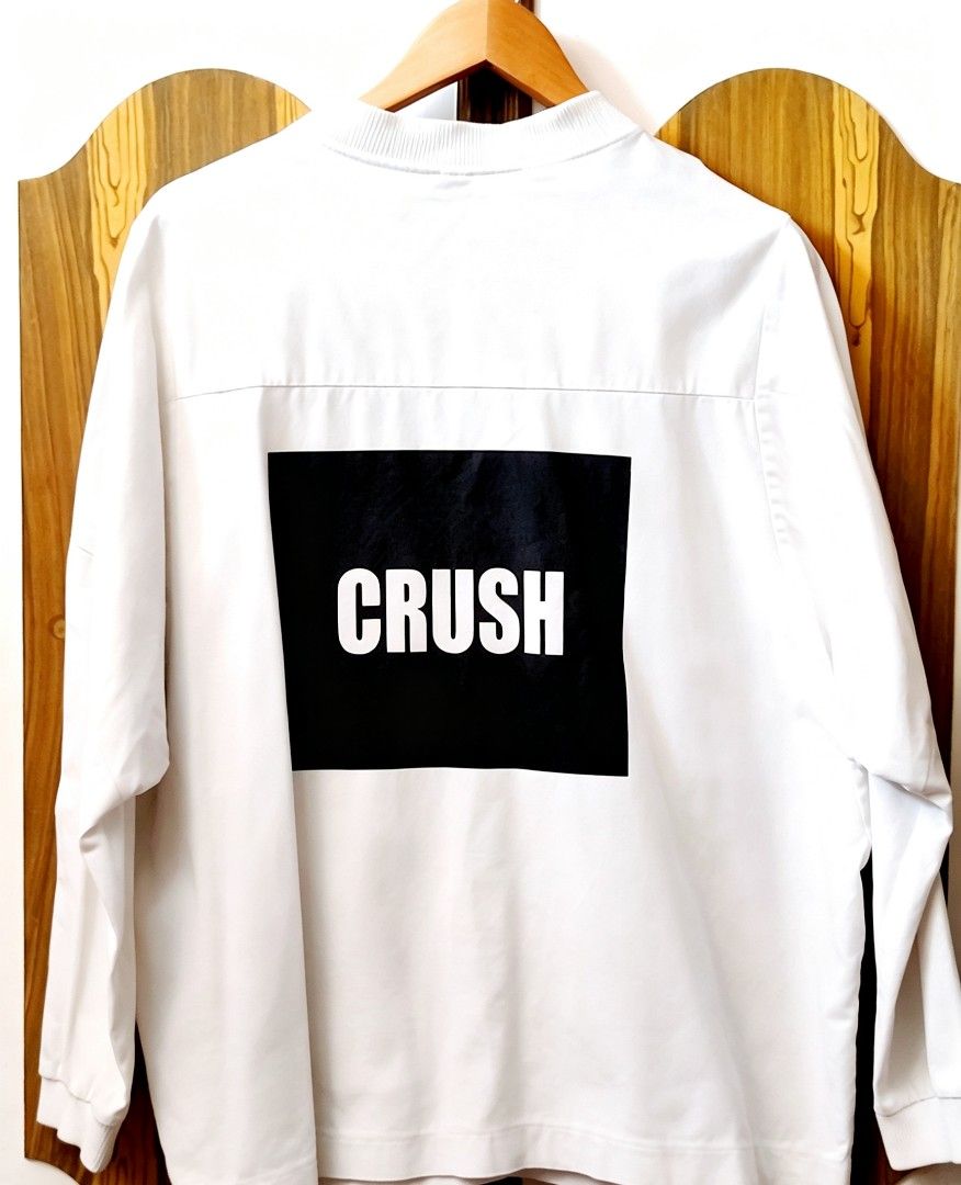 White Varsity Jacket 🤍 | Front: "TAKE SWAG" • Back: "CRUSH" 🖤 (Category: Coats, Jackets and Outerwear) located in Kalibo. Submitted by cloth.ly (Listing ID 1459701124, Image 3). Description: White Varsity Jacket 🤍 | TAKE SWAG / CRUSH Print Fit: It has a relaxed, boxy silhouette with dropped shoulder seams and long sleeves, characteristic of modern streetwear or Korean-style oversized fashion trends. 📏 PTP 24"×2=48" • L27" • Sleeve 24" • Shoul