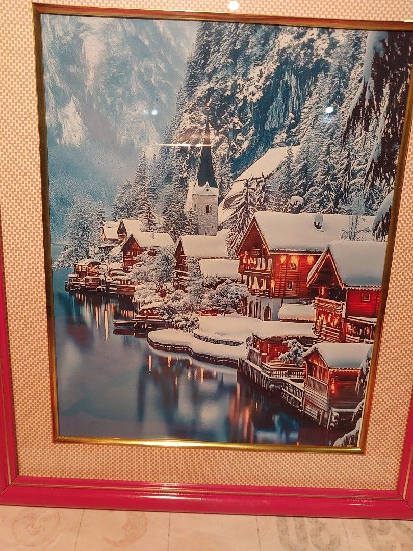Winter Village Scene Photo Frame (Category: Frames & Pictures) located in Manila. Submitted by bryantoyshop (Listing ID 1459814357, Image 2). Description: L : 13 x W : 11 inches with glass - Beautiful framed picture of a snowy village. - Bright pink frame. - Matting with a subtle pattern. - Adds winter charm to your home decor. - Ready to hang..