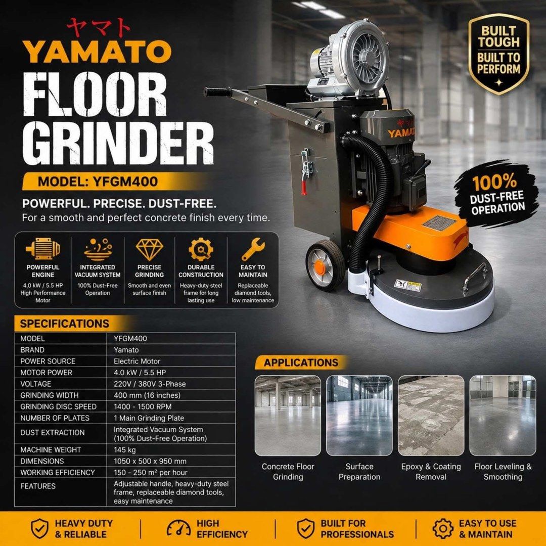 YAMATO CONCRETE FLOOR GRINDER (Category: Construction & Building Materials) located in Santa Rosa. Submitted by ljesguerra (Listing ID 1459814223, Image 1). Description: YAMATO FLOOR GRINDER Model: YCP4000E Voltage: 220V Fan Power: .75kw Working Diameter: 400mm Power: 4000w Motor speed: 1450rpm Weight :180kg We’re Located 👇🏽👇🏽 1992-A L Sitio Aratan, Brgy. Pulong Santa Cruz, Santa Rosa Laguna ➡️We are 𝐎𝐏𝐄𝐍 EVERY: 𝐌𝐎𝐍𝐃𝐀𝐘 - 𝐒𝐀𝐓𝐔𝐑�