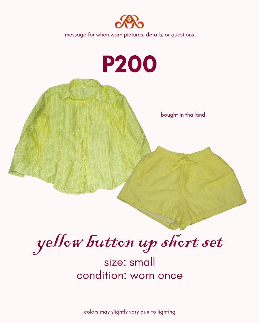 Yellow Button Up Short Set (Category: Sets or Coordinates) located in Quezon City. Submitted by relviezin_ (Listing ID 1459818022, Image 1). Description: has glitter specks.