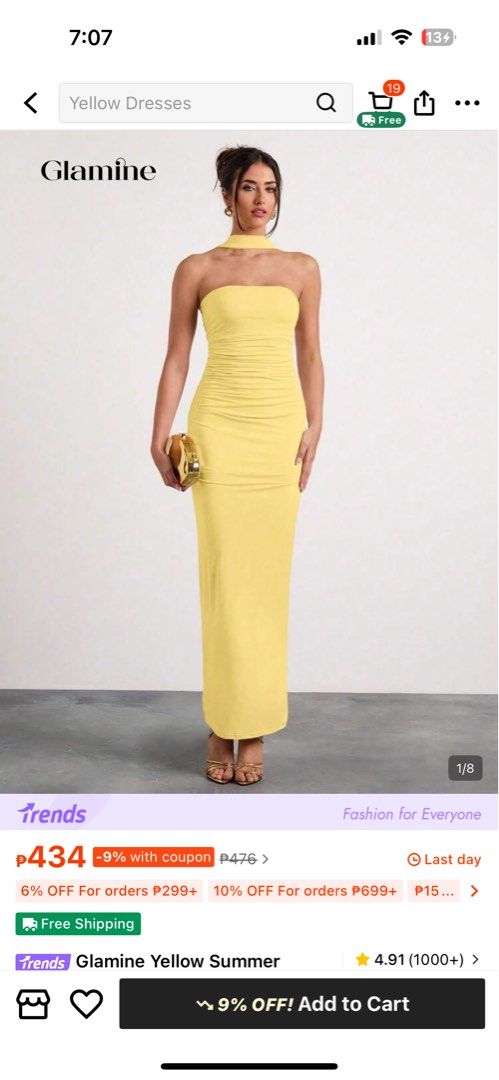 Yellow Strapless Maxi Dress (Category: Dresses) located in Antipolo. Submitted by prelovedbyklzur (Listing ID 1459805201, Image 1). Description: - Yellow strapless maxi dress - Brand: Glamine - Features: Ruched bodice, high neckline - Perfect for: Summer events, night out.