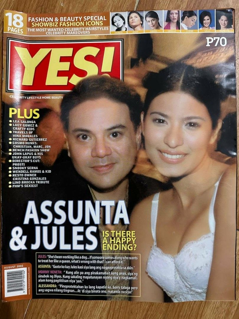 YES! Magazine August 2002 Assunta & Jules Cover (Category: Magazines) located in Manila. Submitted by rofel4lazo (Listing ID 1459704510, Image 1). Description: - YES! Magazine, August 2002 issue - Cover stars: Assunta and Jules - Features articles on: Lea Salonga, Lucy Gomez, Vina Morales, Richard Gutierrez - Includes coverage of fashion and beauty trends - Perfect collector's item for fans of Filipino celebrities.