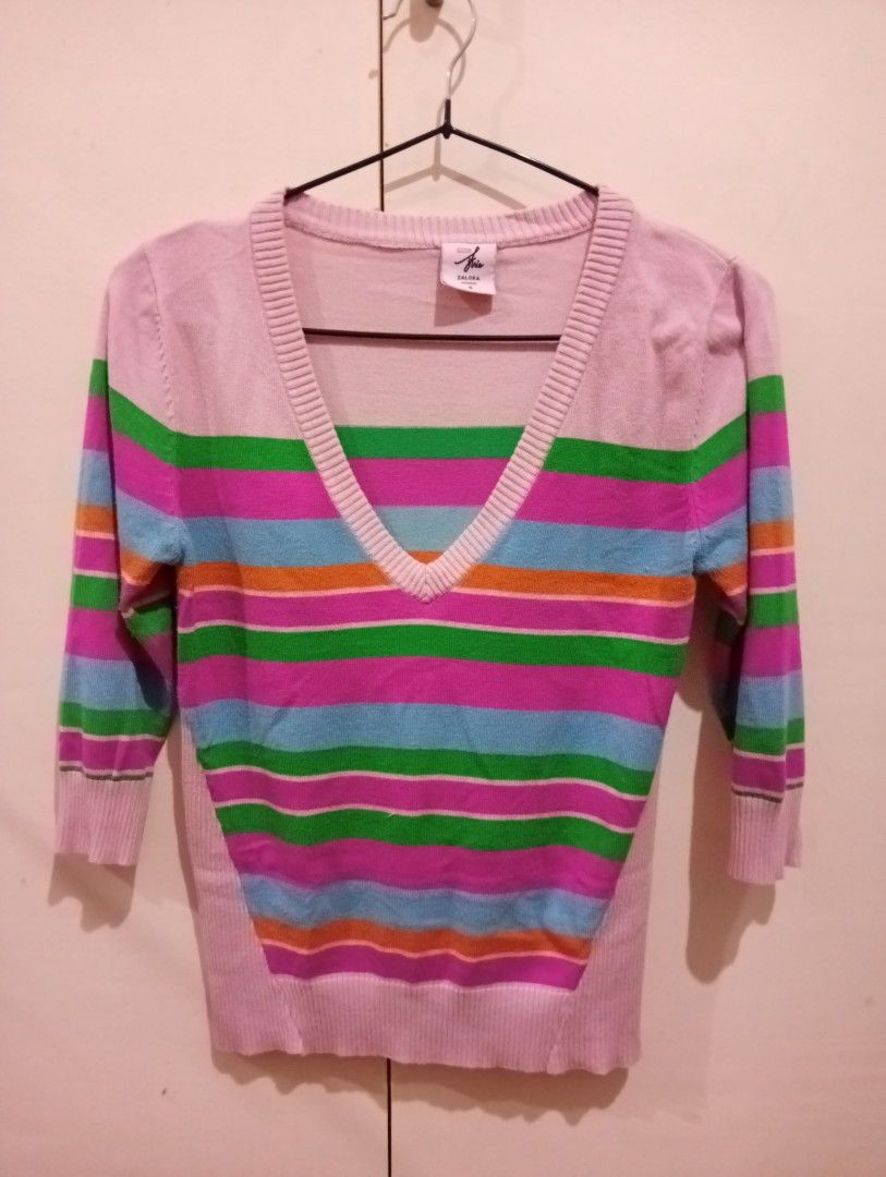 Zalora V-Neck Sweater Size S (Category: Coats, Jackets and Outerwear) located in Pasig City. Submitted by goodmom23 (Listing ID 1459865306, Image 1). Description: - Pink sweater with vibrant colorful stripes - Flattering V-neck desig - Comfortable 3/4 sleeves - Brand: Wear Kris (Zalora exclusive) - Size: S - Ideal for casual everyday wear.