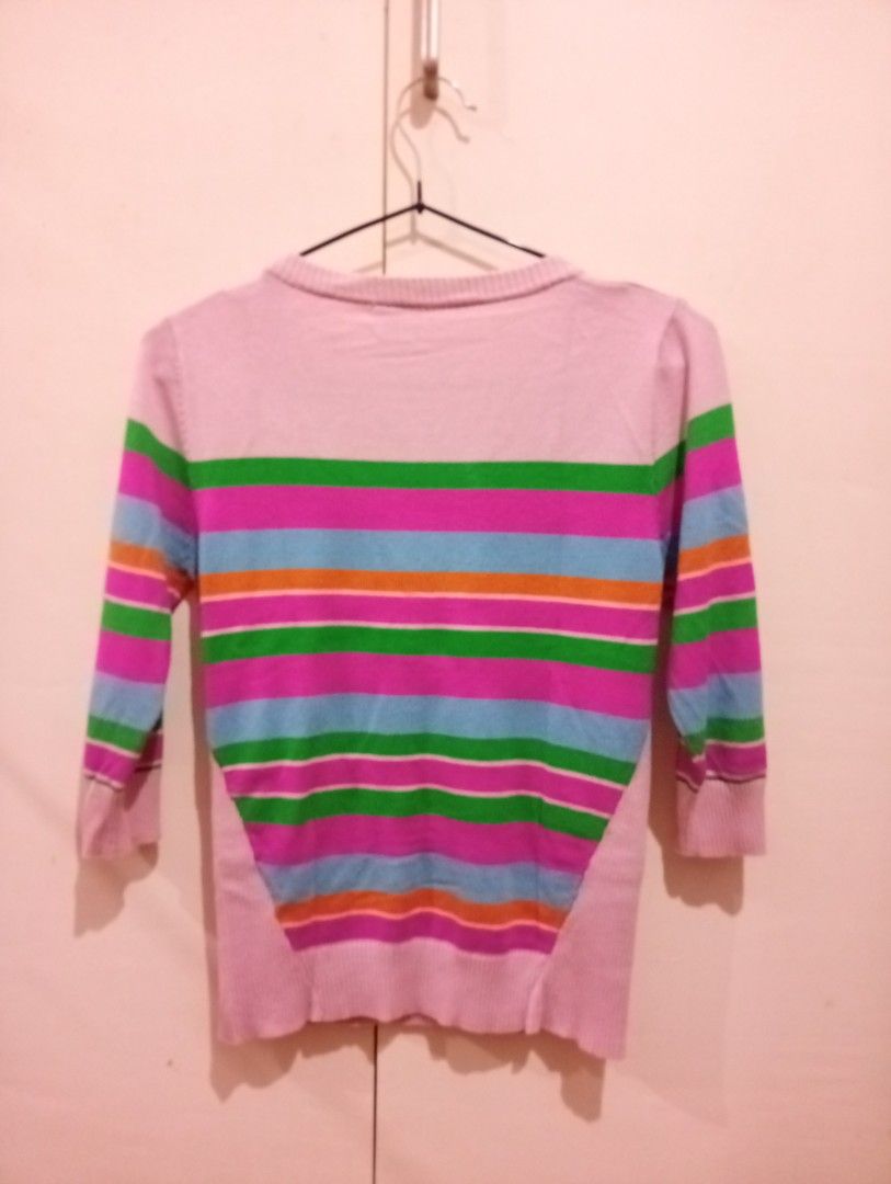 Zalora V-Neck Sweater Size S (Category: Coats, Jackets and Outerwear) located in Pasig City. Submitted by goodmom23 (Listing ID 1459865306, Image 2). Description: - Pink sweater with vibrant colorful stripes - Flattering V-neck desig - Comfortable 3/4 sleeves - Brand: Wear Kris (Zalora exclusive) - Size: S - Ideal for casual everyday wear.