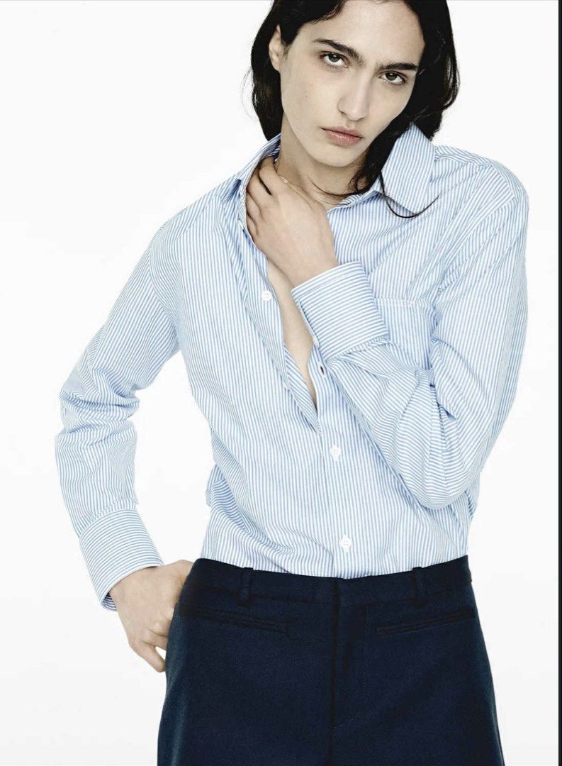 ZARA Blue Striped Poplin Shirt (Category: Coats, Jackets and Outerwear) located in Santa Rosa. Submitted by zrachic (Listing ID 1459826676, Image 1). Description: Price on tag: 2,595 Sale Price: 1,195 only Size Available: Medium can fit to Large.
