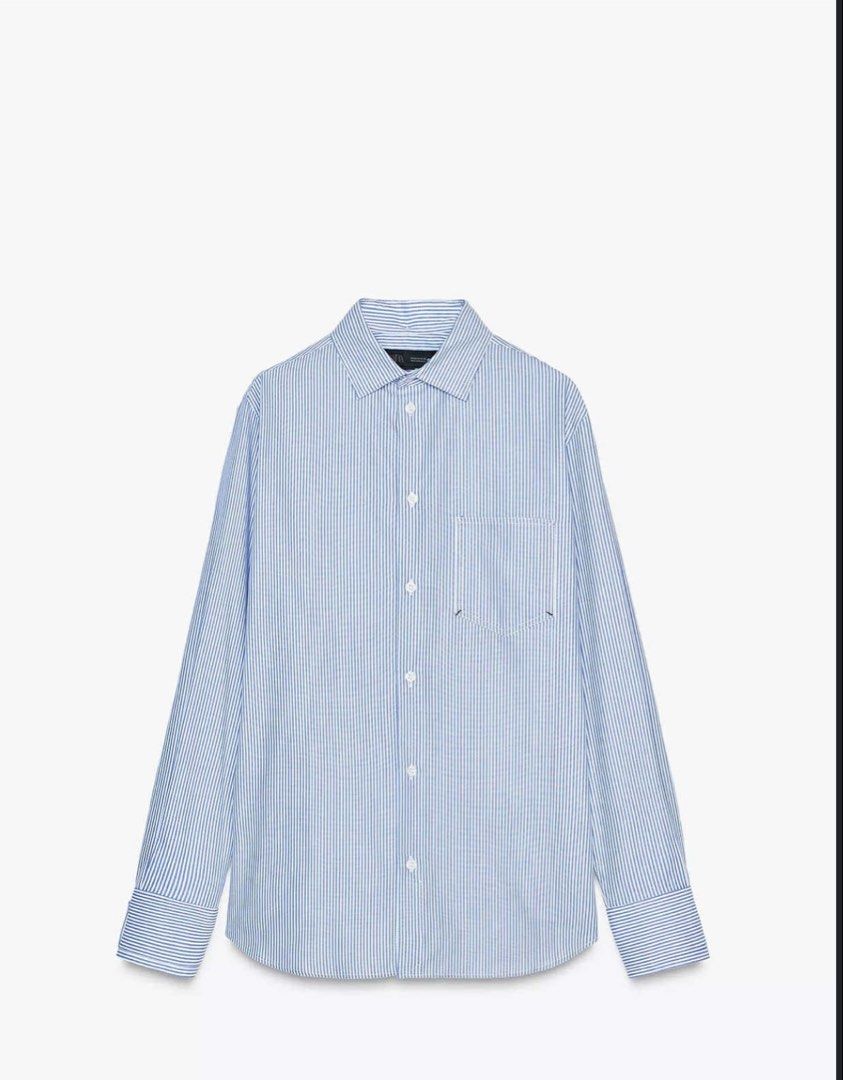 ZARA Blue Striped Poplin Shirt (Category: Coats, Jackets and Outerwear) located in Santa Rosa. Submitted by zrachic (Listing ID 1459826676, Image 2). Description: Price on tag: 2,595 Sale Price: 1,195 only Size Available: Medium can fit to Large.