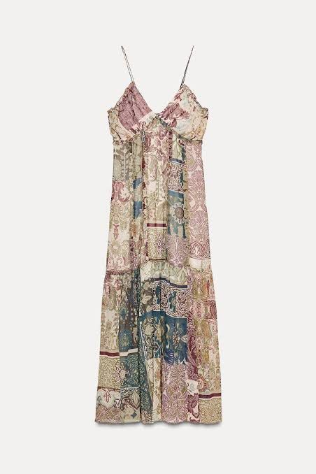 Zara Patchwork Print Maxi Dress with Spaghetti Straps (Category: Dresses) located in Pasig City. Submitted by helpmedispose (Listing ID 1459732255, Image 2). Description: - Flowy maxi dress - Unique patchwork print - Delicate spaghetti straps - Tiered skirt design - Lightweight and airy fabric - Ideal for summer days and vacations - Easily styled up or down.