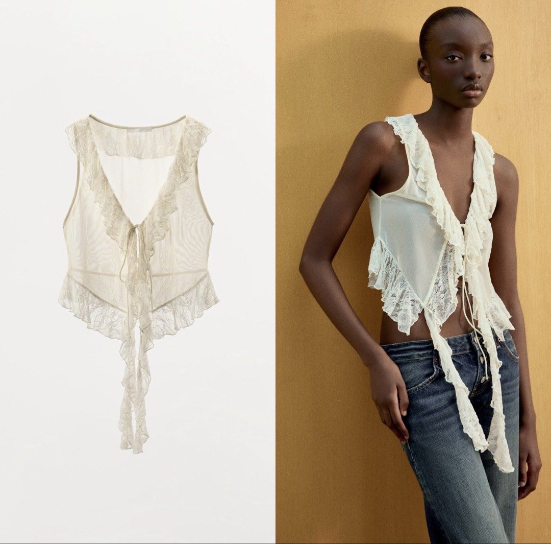 ⋆. 𐙚 ˚ zara top with lace & ruffles (Category: Sleeveless) located in Makati City. Submitted by thezarachives (Listing ID 1459888448, Image 1). Description: .