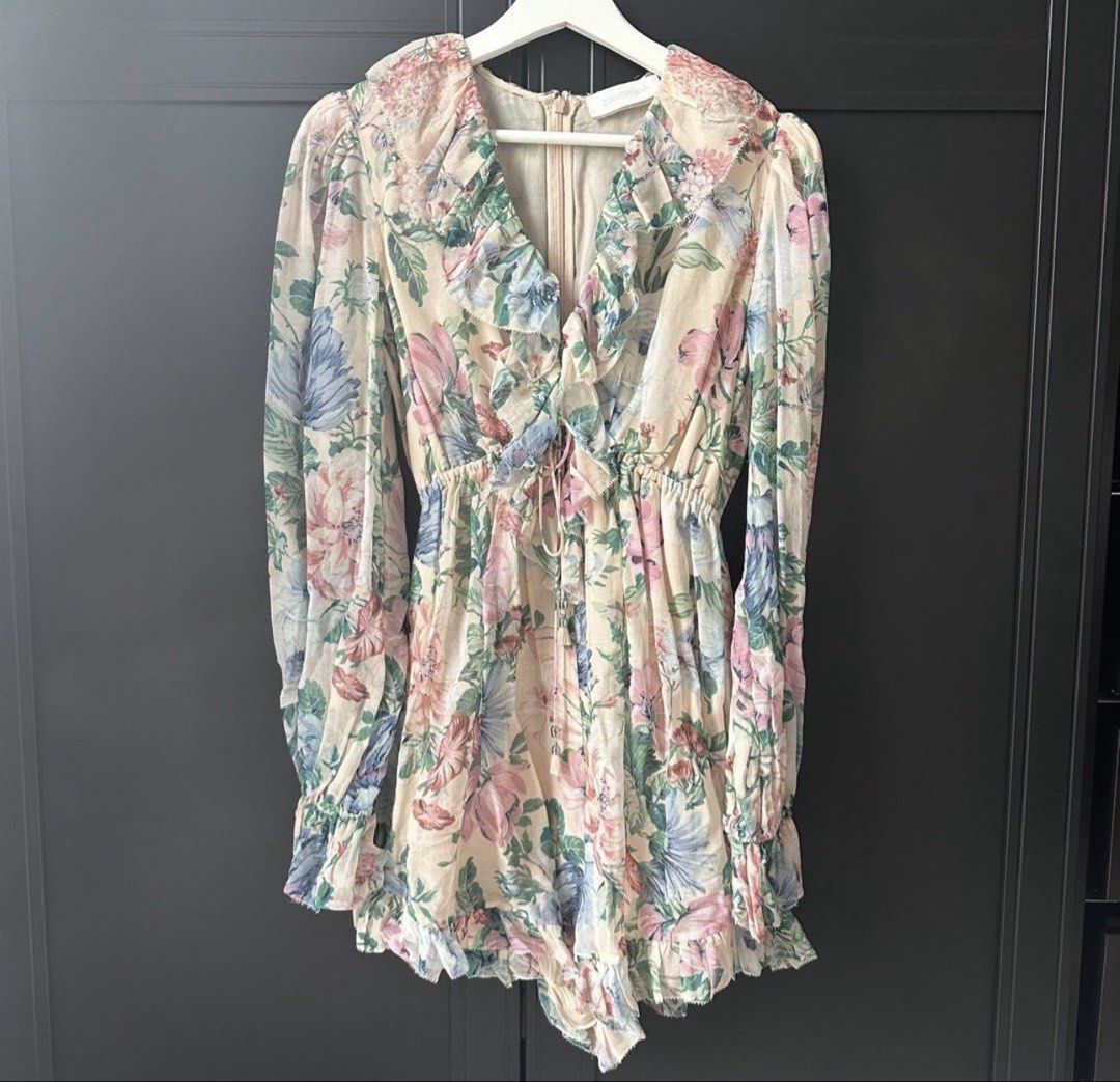 Zimmermann Floral Print Chiffon Playsuit (Category: Dresses) located in Taguig. Submitted by _chihiro (Listing ID 1459747203, Image 2). Description: ✨ Authentic Zimmermann Floral Chiffon Romper | Size 1 Super pretty floral Zimmermann piece! 🎀✨ 100% authentic. Worn only once during my summer trip and kept in excellent condition. No visible flaws or issues when worn. Details: • Brand: Zimmermann • Size: 1 • Composition: 76% Cotton, 24% Silk • Lini