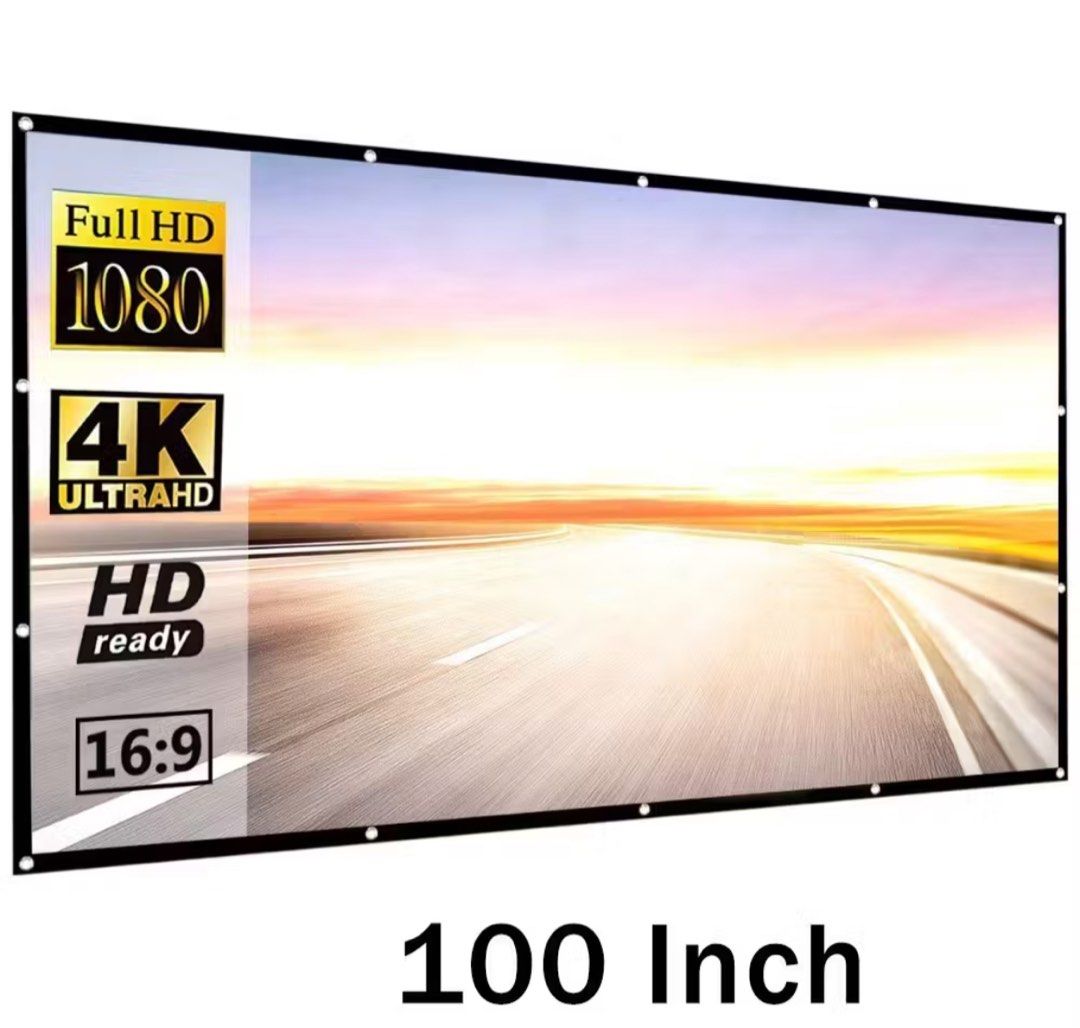 100 Inch 16:9 Full HD 4K Projector Screen (Category: Projectors) located in Quezon City. Submitted by earthtodior (Listing ID 1459946311, Image 1). Description: - 100-inch projector screen - Supports 1080p and 4K Ultra HD resolution - 16:9 aspect ratio - Reinforced black borders for stability - Quick and easy setup - Ideal for temporary use, exhibitions, and events.