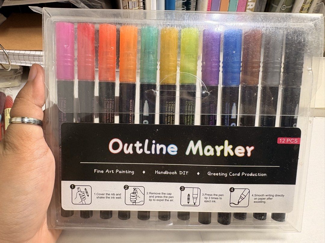 12 Pcs Outline Marker Set (Category: Stationery & School Supplies) located in Pasig City. Submitted by purplewingsph1 (Listing ID 1460104884, Image 1). Description: - Set of 12 outline markers - Ideal for fine art painting, handbook DIY, and greeting cards PAYO Only. Strictly no COD. (Please view my Carousell profile for proof of legitimacy: purplewingsph1) Mode of payment: Gcash, Maya, or Bank transfer (Seabank or UB) Mode of Delivery: Buyer wil