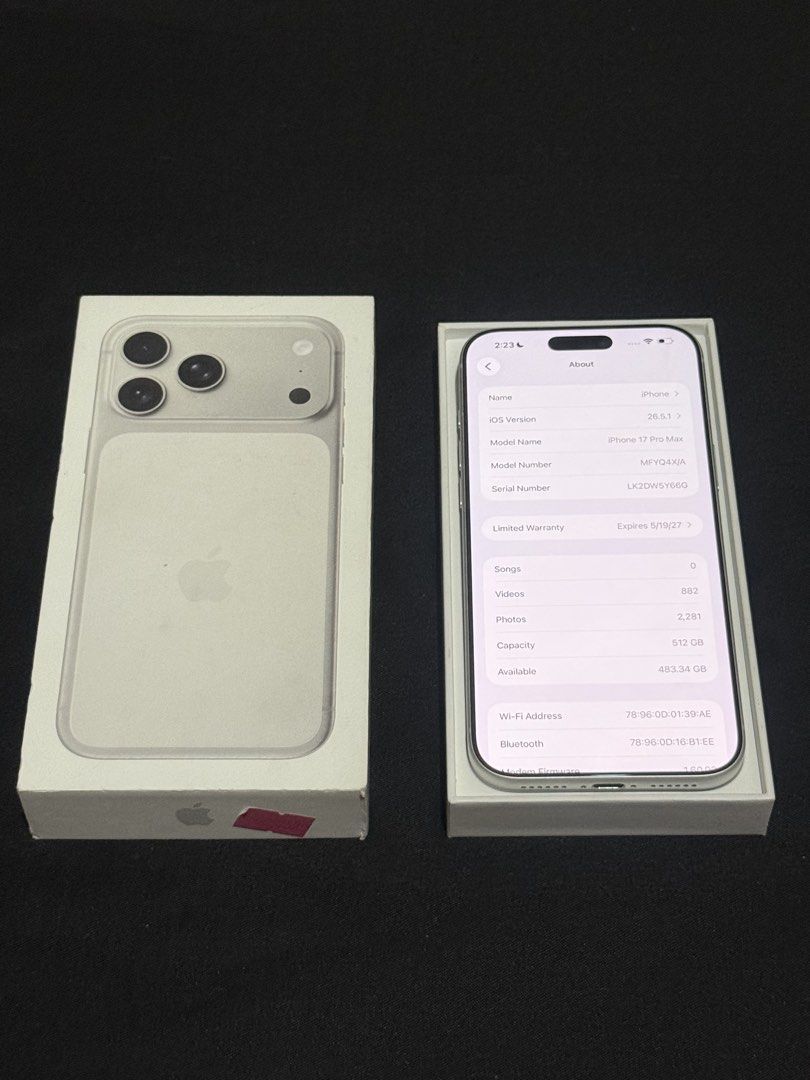 17 Pro Max 512gb bnew condi (Category: iPhone 17 Series) located in Calamba. Submitted by _ggukiezxc (Listing ID 1460016954, Image 3). Description: 17 Pro Max 256gb Silver Warranty til 5/19/27 100% Battery Health 101 Cycle Count Working all features no issue aside 1 minimal dent Factory Unlock / Anysim Complete Inclusion!.