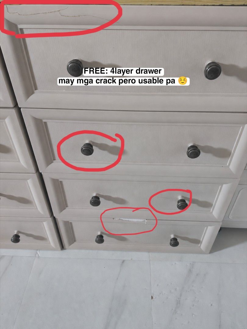 4-Layer Chest Drawer (Category: Shelves, Cabinets & Racks) located in Taguig. Submitted by cloverfinds (Listing ID 1460066196, Image 2). Description: 4-Layer Drawer ₱3,000 with FREE another 4-layer drawer (may cracks pero usable pa) Sulit na sulit para sa extra storage! PM lang sa interested. 😊 .