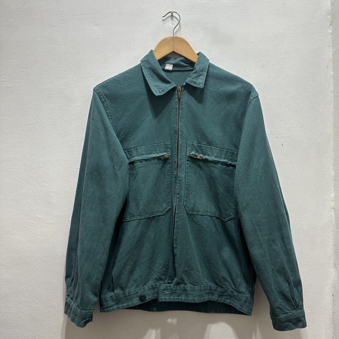 70’s French Cyclist Work Jacket (Category: Coats, Jackets and Outerwear) located in Quezon City. Submitted by brassolivesvntg (Listing ID 1460044270, Image 1). Description: 70’s French Cyclist Workwear Jacket. Cotton Twill European workwear from this era was constructed for tradesmen and laborers, prized for its utilitarian pocket layouts and robust hardware. The front closure and chest pockets utilize vintage DMC (Dollfus-Mieg et Compagnie) bras