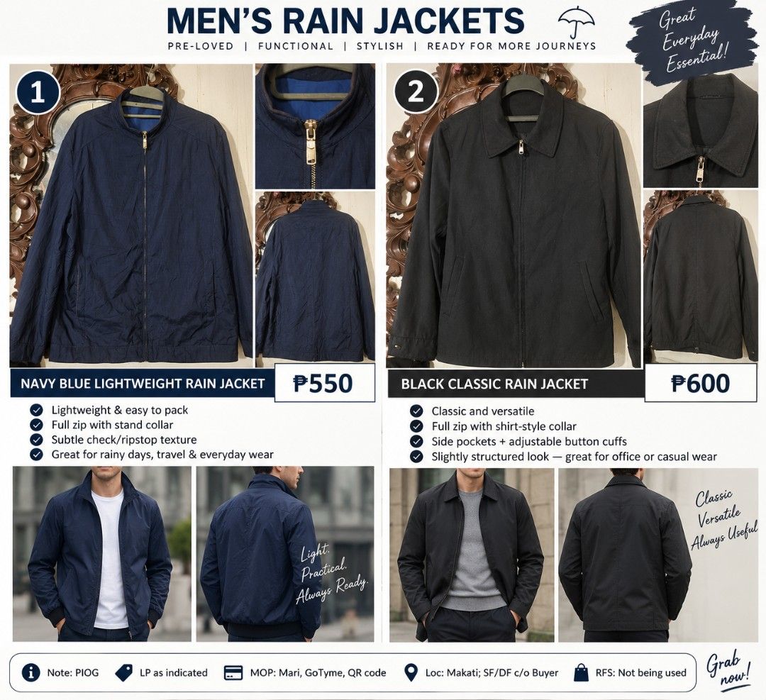🌧️ MEN’S RAIN / LIGHTWEIGHT JACKETS — PRE-LOVED (Category: Coats, Jackets and Outerwear) located in Manila. Submitted by smartluxeph (Listing ID 1460055520, Image 1). Description: 🌧️ MEN’S RAIN / LIGHTWEIGHT JACKETS — PRE-LOVED 1️⃣ Navy Blue Lightweight Rain Jacket — ₱550 💙 Clean, minimalist navy design • Full zip + stand collar • Lightweight, easy to fold/pack • Subtle check/ripstop texture • Great for rainy days, travel & everyday wear LP: ₱