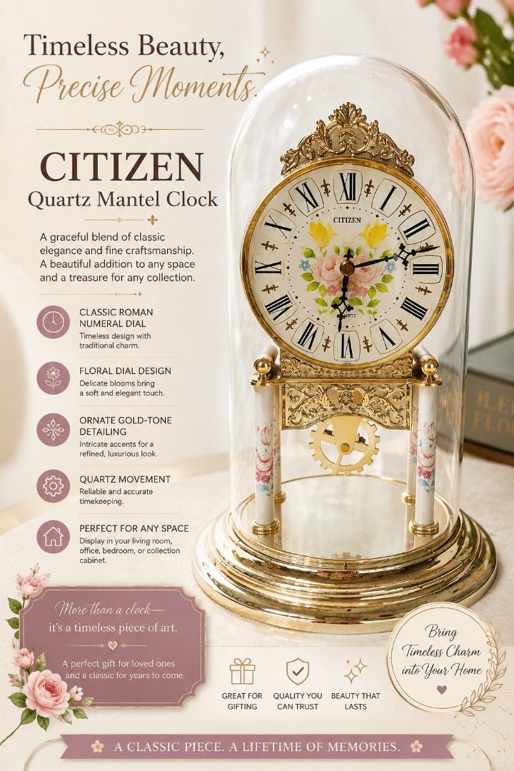 ✨ Ornate Citizen Quartz Mantel Clock ✨ (Category: Clocks) located in Binan City. Submitted by sakuratreasuresph (Listing ID 1459934103, Image 1). Description: ✨ Ornate Citizen Quartz Mantel Clock ✨ Add a touch of timeless charm to your space with this beautiful Citizen quartz mantel clock. Featuring an intricate gold-tone ornamental design, classic Roman numeral dial, floral accents, and a clear glass dome that beautifully showcases the clock’s d
