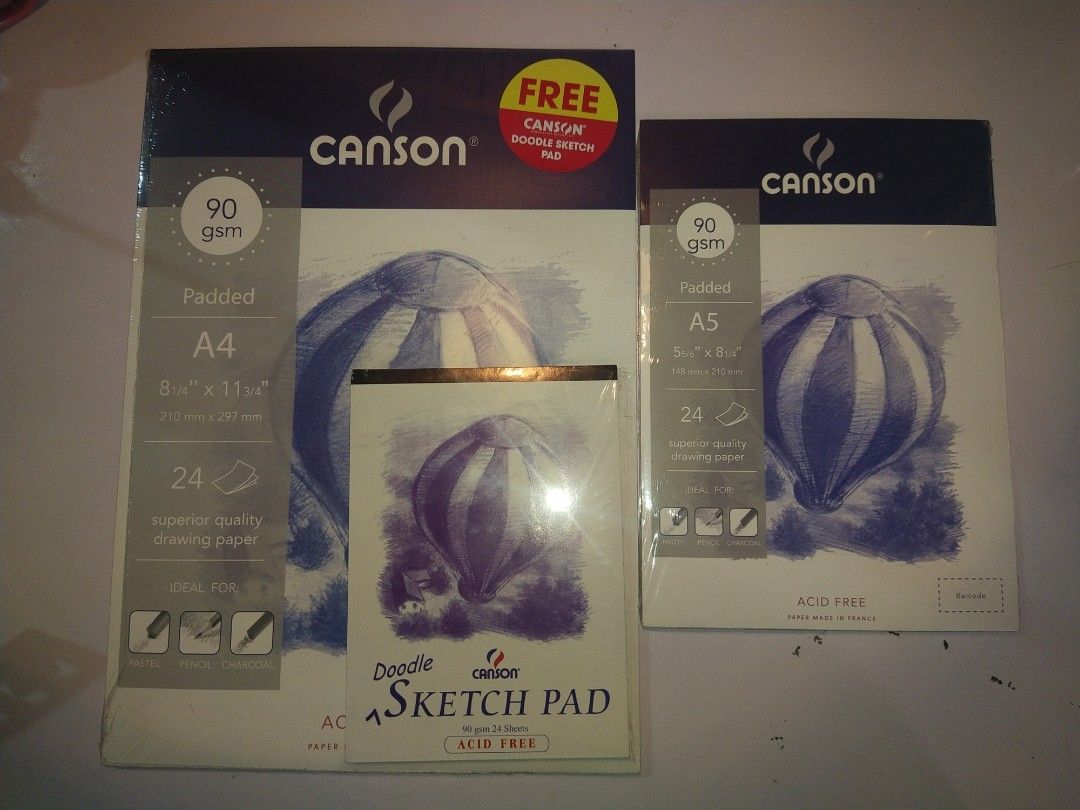 A4 and A5 Canson Sketchpad + Doodle Pad (Category: Stationery & School Supplies) located in Manila. Submitted by sselenaite (Listing ID 1459954250, Image 1). Description: 90 gsm Acid Free Brand New/Sealed.